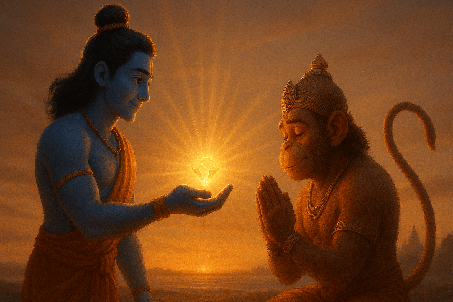 "The Enigmatic Link Between the Bermuda Triangle and Hindu Mythology of Ramayan: Unveiling the Mystery" 4 "The Enigmatic Link Between the Bermuda Triangle and Hindu Mythology of Ramayan: Unveiling the Mystery" Prompt: A dramatic Pixar-style cinematic wide shot of Hanuman flying high above the stormy Atlantic Ocean, clutching the radiant gemstone in one hand. Below him, the swirling waves form a glowing triangular vortex β the Bermuda Triangle. Lightning crackles across the sky, illuminating Hanumanβs determined face. The gemstone emits a divine golden aura that contrasts with the dark ocean below. Style: Pixar realism, hyper-detailed textures, 16:9, cinematic composition, deep blue and gold tones, ethereal atmosphere.