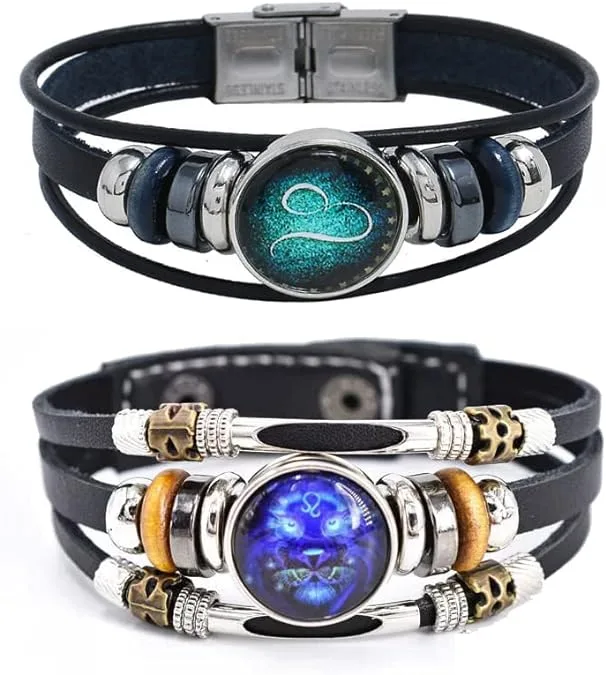 2Pcs Multilayer Constellation Zodiac Leather Bracelet Handmade Woven Zodiac Sign Wrap Bracelet Wristband for Women Men Jewelry Birthday Gift