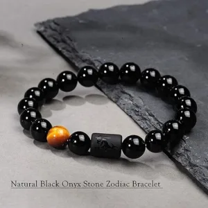 VLINRAS Zodiac Bracelet for Men Women, 8mm 10mm Natural Black Onyx Stone Star Sign Constellation Horoscope Bracelet Gifts