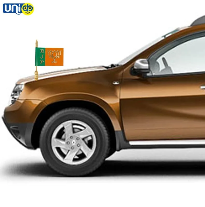 3D Flag Bharatiya Janata Party with Golden Metal Rod Suitable for All Car Models