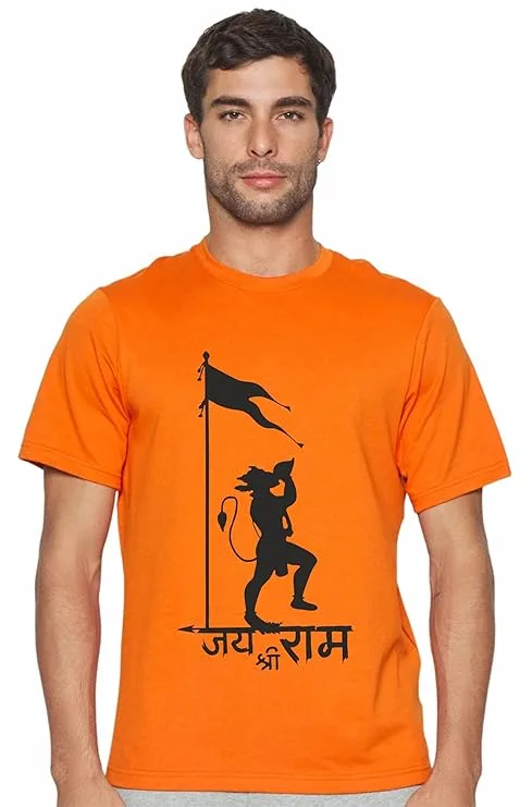 Uniplanet Store Half Sleeve Hanuman Round Neck Cotton Printed Orange T Shirt for Men