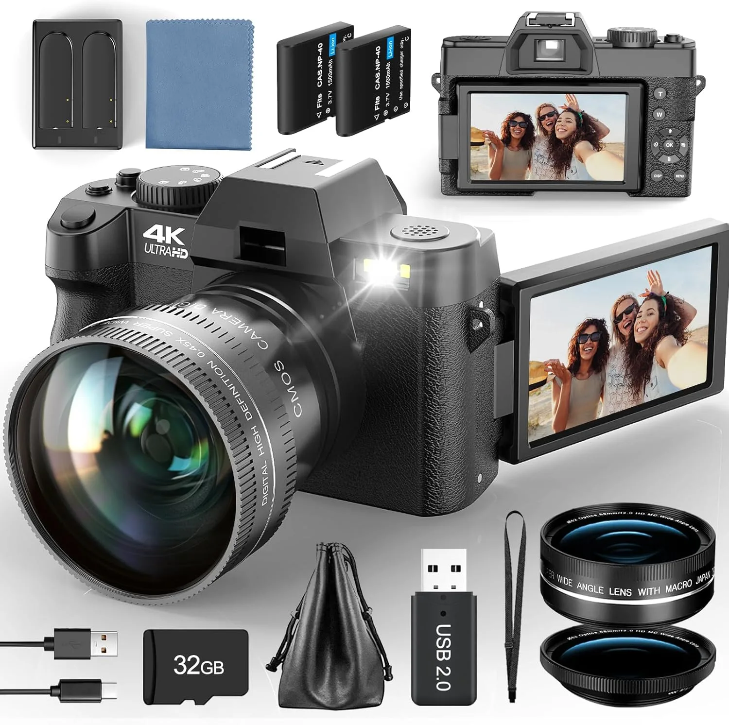 48MP Digital Cameras for Photography with WiFi & App Control,4K Autofocus Vlogging Camera for YouTube with 16X Zoom, Anti-Shake, 32GB TF Card, Dual Batteries, 52mm Wide Angle & Macro Lens (S100 Black)