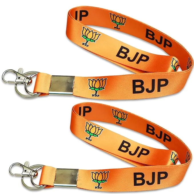 Rinkon BJP Keychain PACK 2 Lanyard Bjp Bhartiya Janta Party Symbol Lotus Fabric Hook I'd Card Tag Holder Keychains English Orange