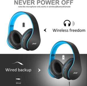 ZIHNIC Bluetooth Headphones, Foldable Wireless and Wired Stereo Headset Micro SD/TF, FM for Cell Phone,PC,Soft Earmuffs &Light Weight for Prolonged Wearing (Black/Blue), Headphones under $50 for everyday use