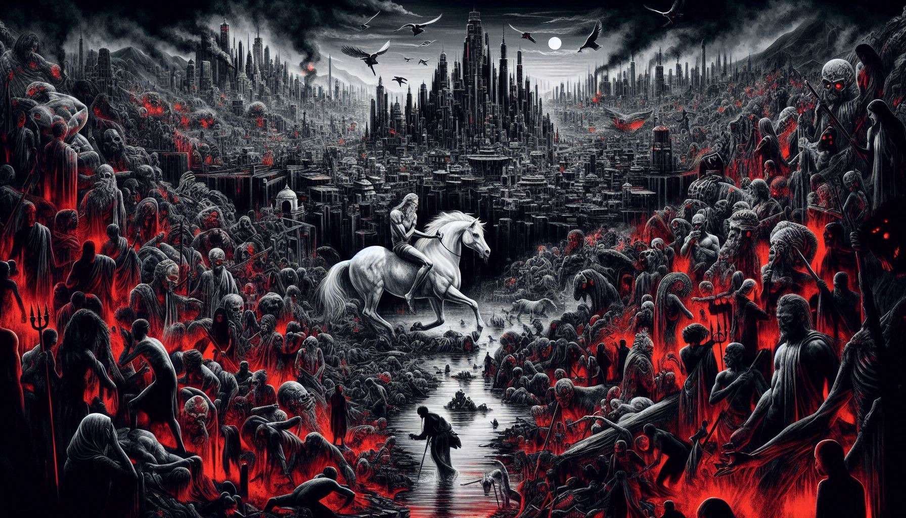 A dark and dystopian world, dominated by shades of black and red. Show crowded cities filled with pollution, greed, and moral decay. Include symbolic elements like broken temples, war-torn landscapes, and people engrossed in materialism. Depict Kalki, the final avatar of Vishnu, riding a white horse, symbolizing hope for renewal. The atmosphere should feel heavy, chaotic, and urgent.