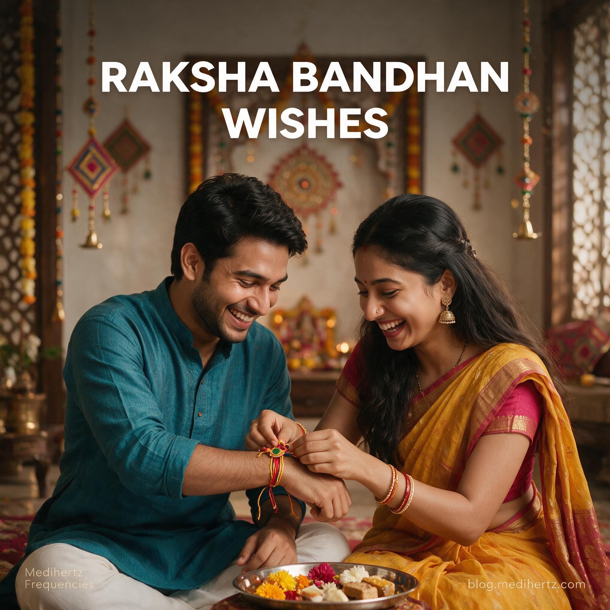Happy Raksha Bandhan wishes image showing brother and sister celebrating with a Rakhi