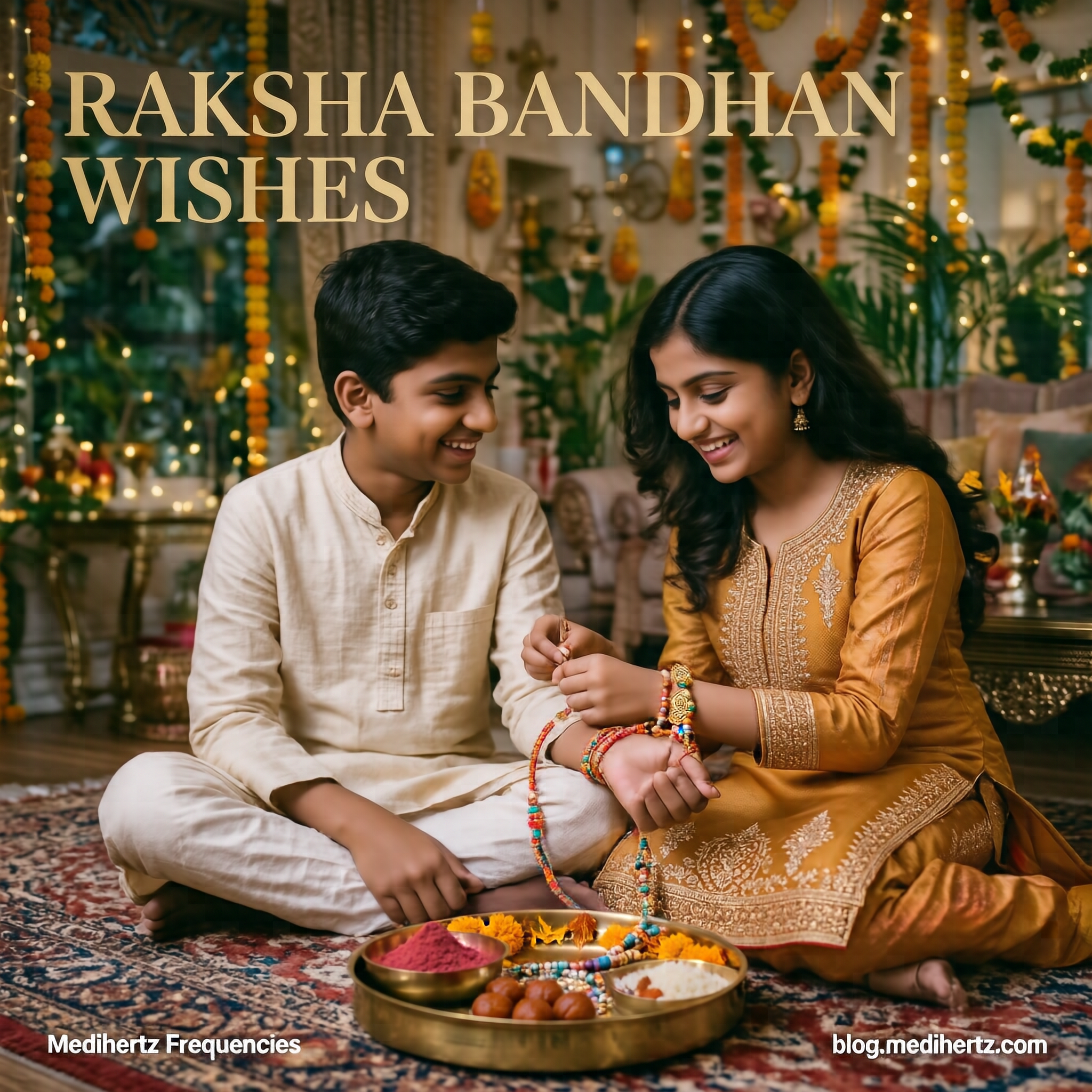 Happy Raksha Bandhan wishes image showing brother and sister celebrating with a Rakhi