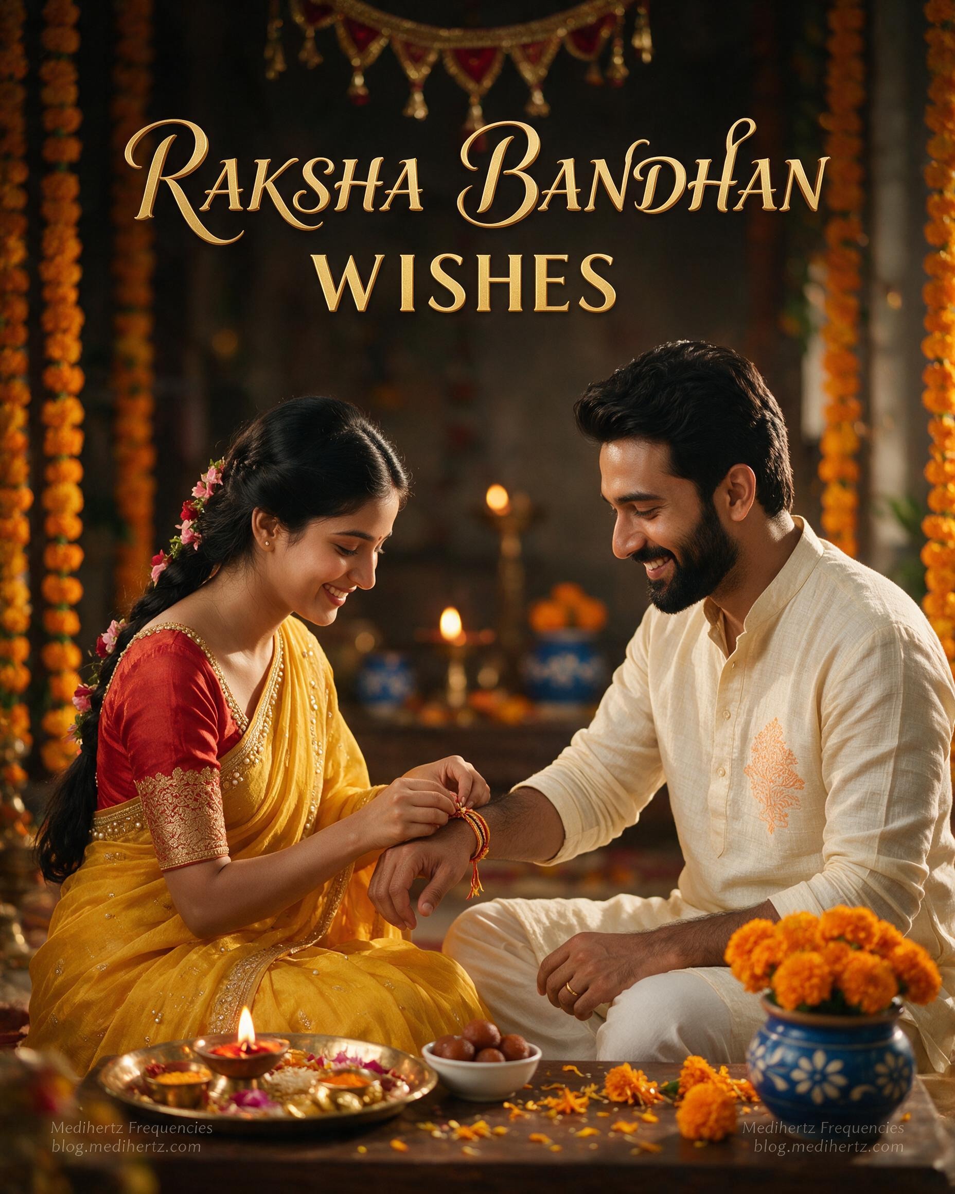 Raksha Bandhan wishes image of a happy Indian brother and sister during the Rakhi celebration