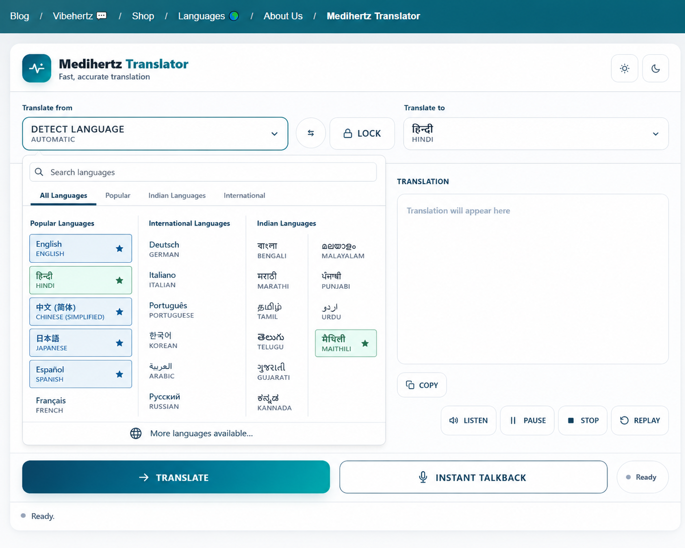 Medihertz Translator online language translation tool with international and Indian languages