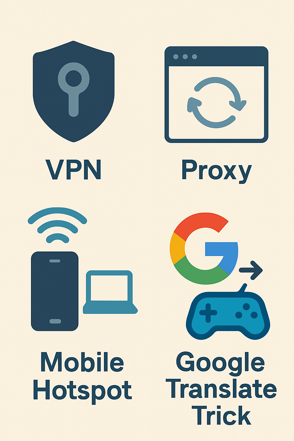 Style: Flat iconography, infographic style, easy to understand at a glance.
Subject: Four distinct icons arranged in a grid, each representing one of the main methods from the article:
1. A shield with a keyhole (VPN).
2. A browser window with a looping arrow (Proxy).
3. A phone with 5G/Wi-Fi signals emanating from it, pointing to a laptop (Mobile Hotspot).
4. The Google "G" logo with an arrow pointing to a game controller (Google Translate Trick).
Composition: Clean, organized grid. Minimal text, just labels for each icon (VPN, Proxy, etc.).
Color Palette: Consistent, muted brand colors for a professional look.
Mood: Educational, structured, and resourceful.