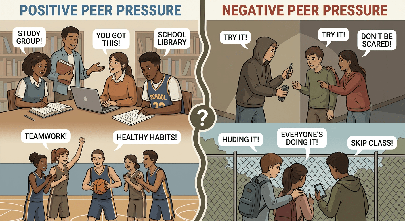 What Are 5 Ways to Say No to Peer Pressure? 4 πΌοΈ Image Prompt 4 β Positive vs Negative Peer Pressure (Comparison Visual) Use for: Explaining positive vs negative peer pressure Prompt: Split-scene illustration showing positive peer pressure on one side (friends encouraging study and sports) and negative peer pressure on the other (friends pushing risky behavior), clear contrast, school setting, realistic digital art, educational infographic style, neutral and balanced tones