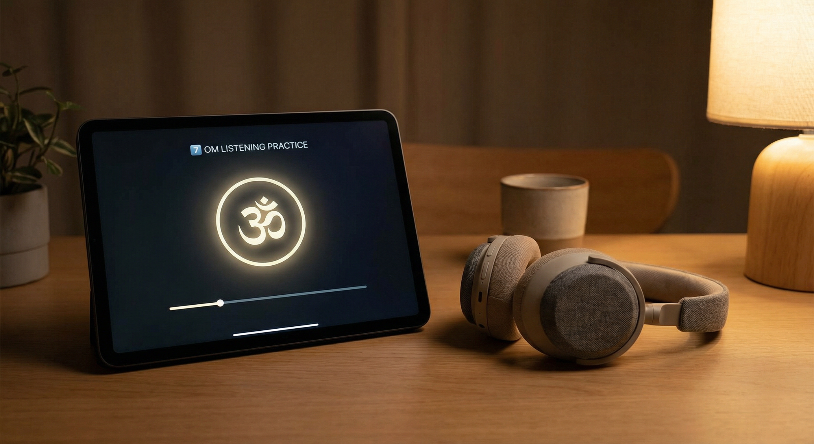 What Happens When You Listen to OM for 10 Minutes Daily? 4 7οΈβ£ OM Listening Practice (Tool Connection Image) Prompt: A minimalist meditation interface playing OM sound, headphones resting nearby, soft ambient lighting, clean premium design, calm color palette, sense of simplicity and focus
