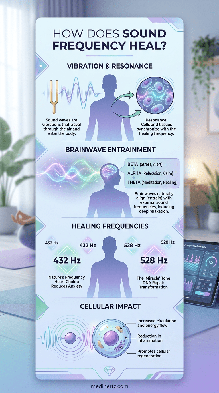 How Does Sound Frequency Heal? 4 Sound frequency healing infographic explaining popular meditation frequencies like 432 Hz and 528 Hz using the Medihertz Hz frequency generator tool