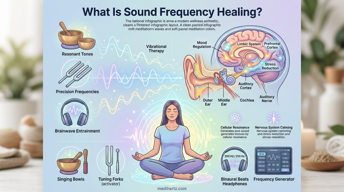 How Does Sound Frequency Heal? 2 Sound frequency healing infographic explaining popular meditation frequencies like 432 Hz and 528 Hz using the Medihertz Hz frequency generator tool