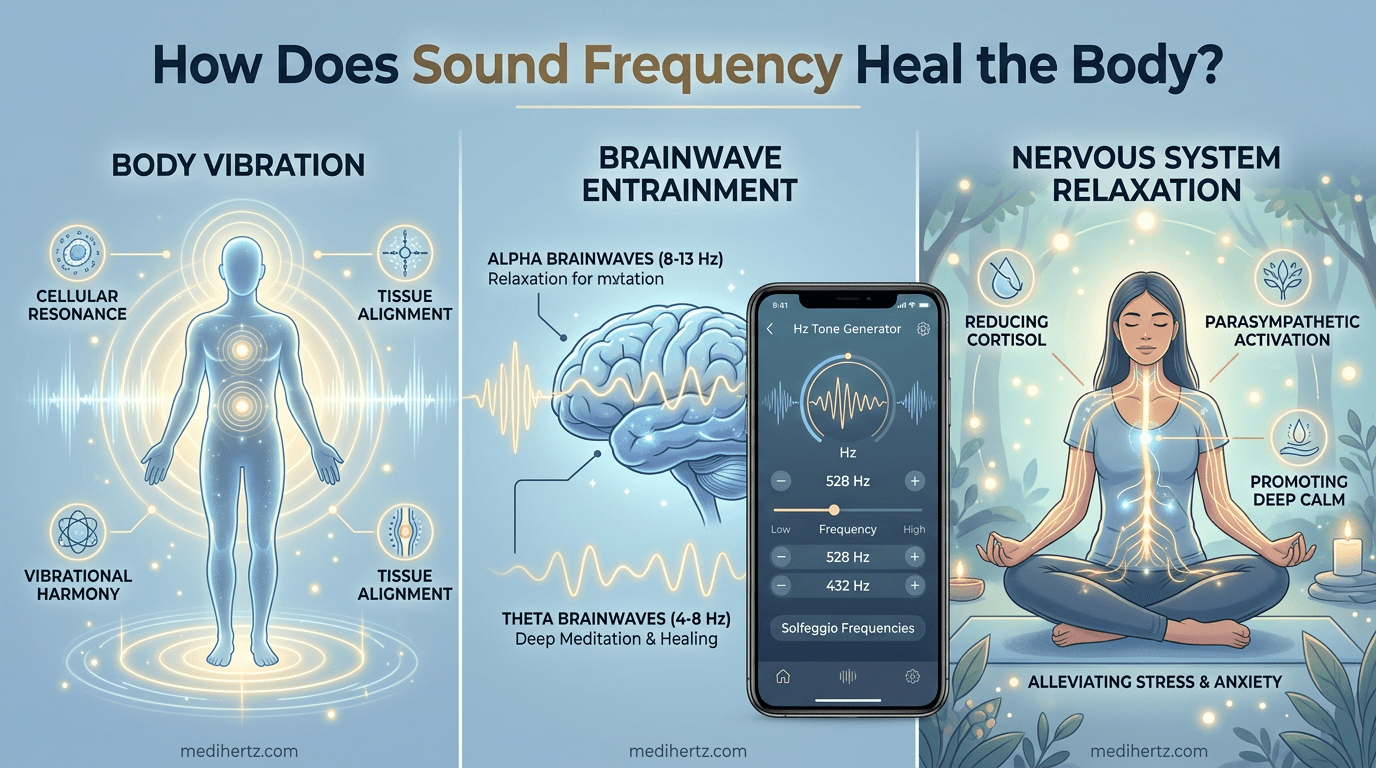 How Does Sound Frequency Heal? 3 Sound frequency healing infographic explaining popular meditation frequencies like 432 Hz and 528 Hz using the Medihertz Hz frequency generator tool