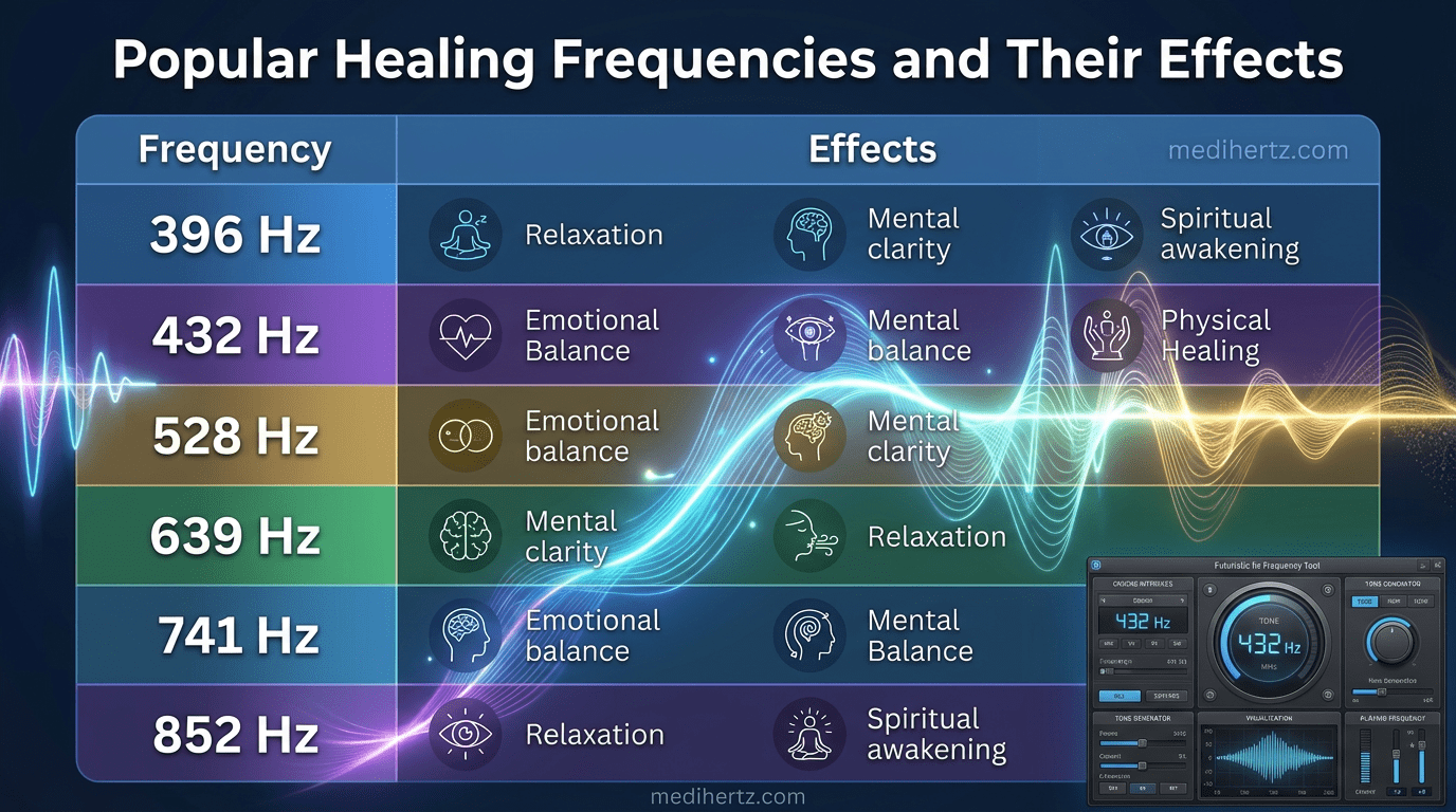 How Does Sound Frequency Heal? 5 Sound frequency healing infographic explaining popular meditation frequencies like 432 Hz and 528 Hz using the Medihertz Hz frequency generator tool