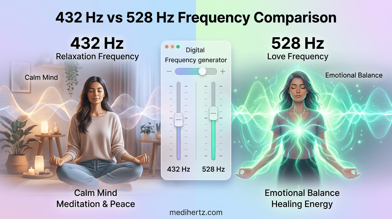 How Does Sound Frequency Heal? 11 Sound frequency healing infographic explaining popular meditation frequencies like 432 Hz and 528 Hz using the Medihertz Hz frequency generator tool