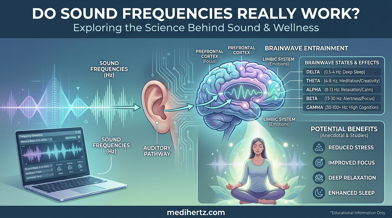 How Does Sound Frequency Heal? 6 Sound frequency healing infographic explaining popular meditation frequencies like 432 Hz and 528 Hz using the Medihertz Hz frequency generator tool