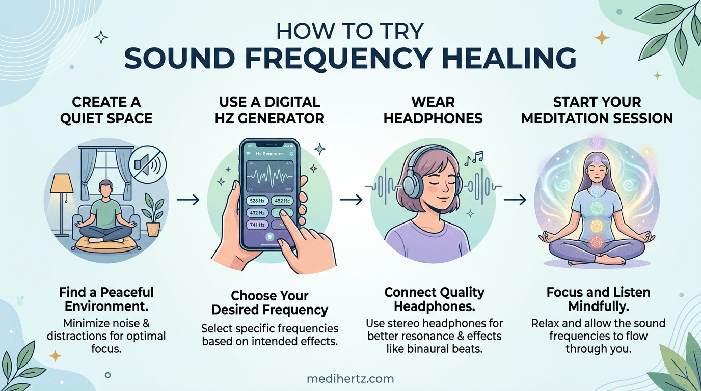 How Does Sound Frequency Heal? 8 Sound frequency healing infographic explaining popular meditation frequencies like 432 Hz and 528 Hz using the Medihertz Hz frequency generator tool