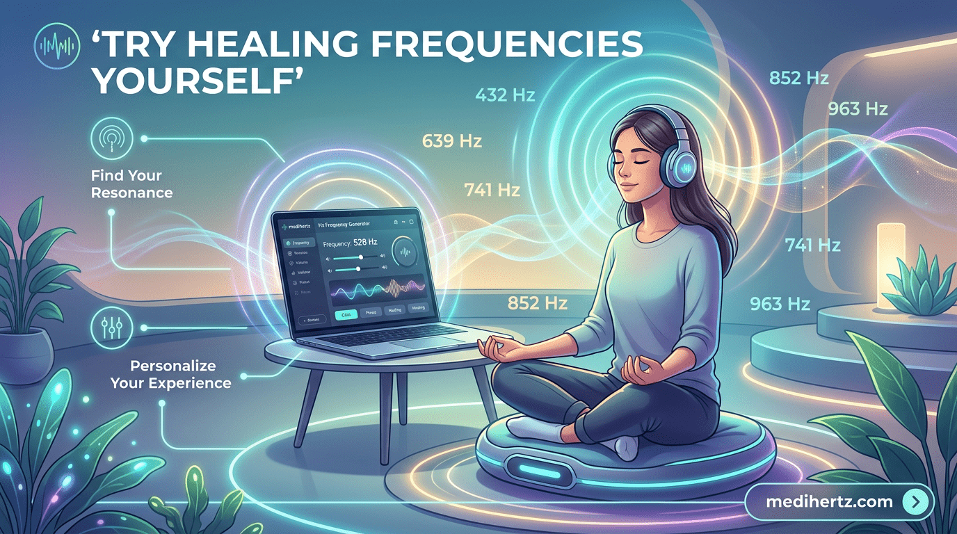 How Does Sound Frequency Heal? 9 Sound frequency healing infographic explaining popular meditation frequencies like 432 Hz and 528 Hz using the Medihertz Hz frequency generator tool