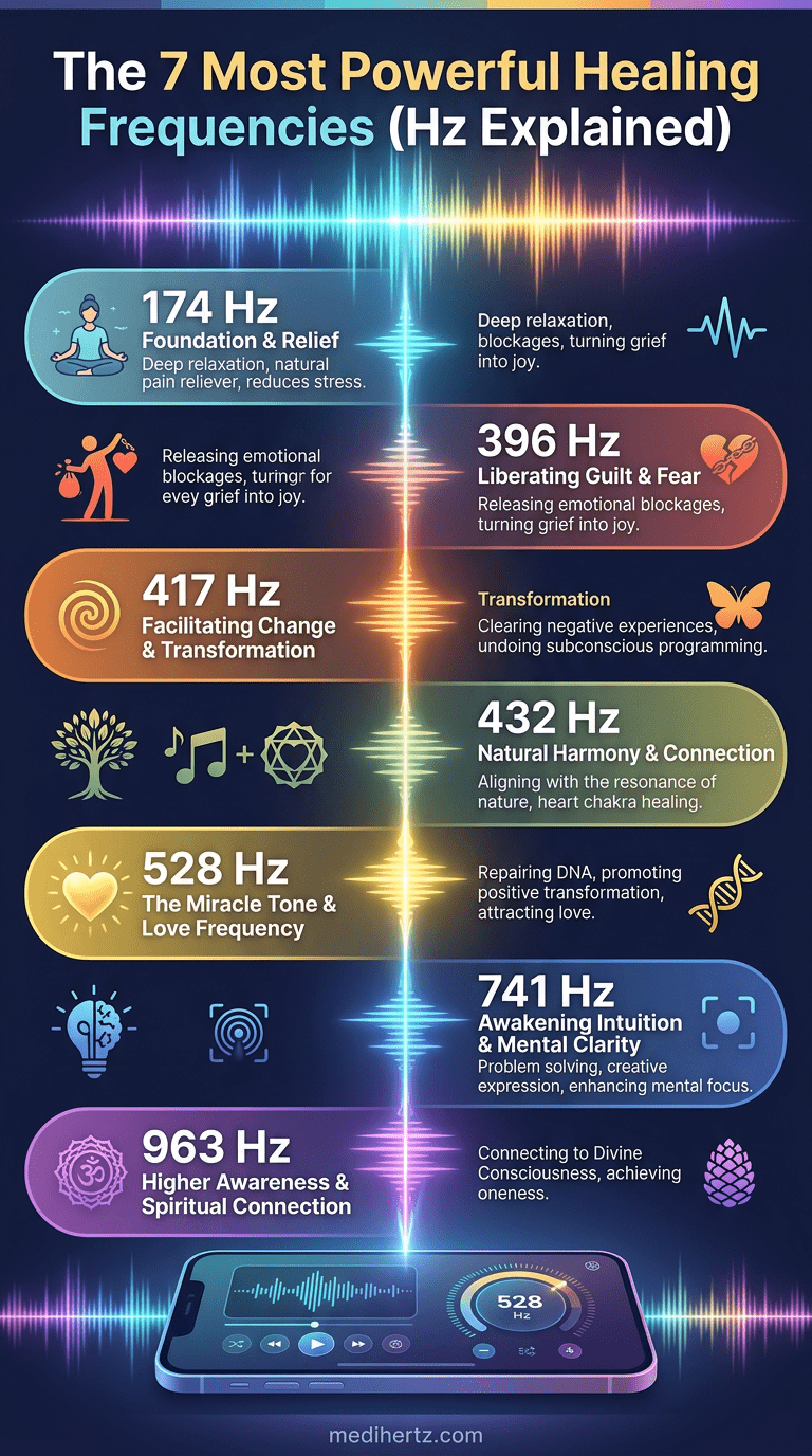 How Does Sound Frequency Heal? 10 Sound frequency healing infographic explaining popular meditation frequencies like 432 Hz and 528 Hz using the Medihertz Hz frequency generator tool