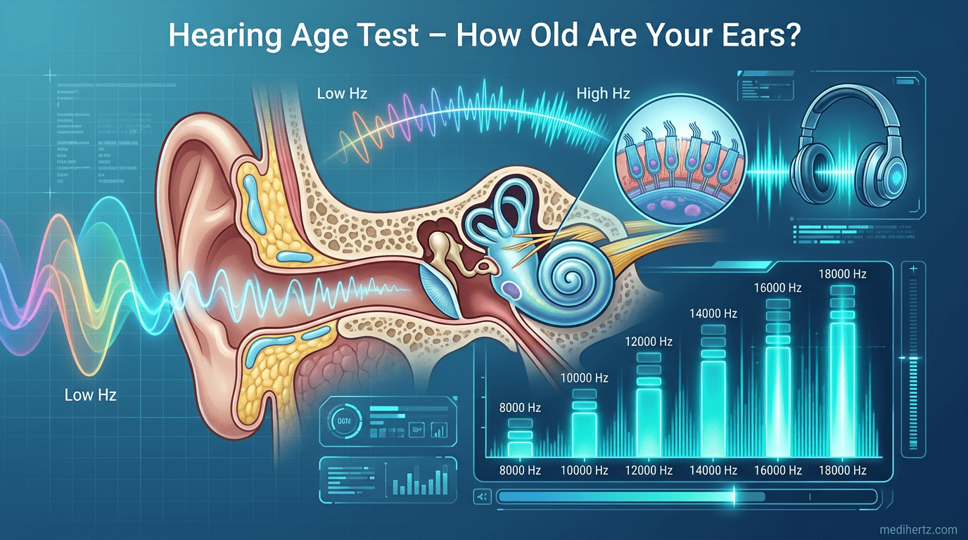 "Hearing Age Test infographic showing human hearing frequency range and ear protection tips – Medihertz"