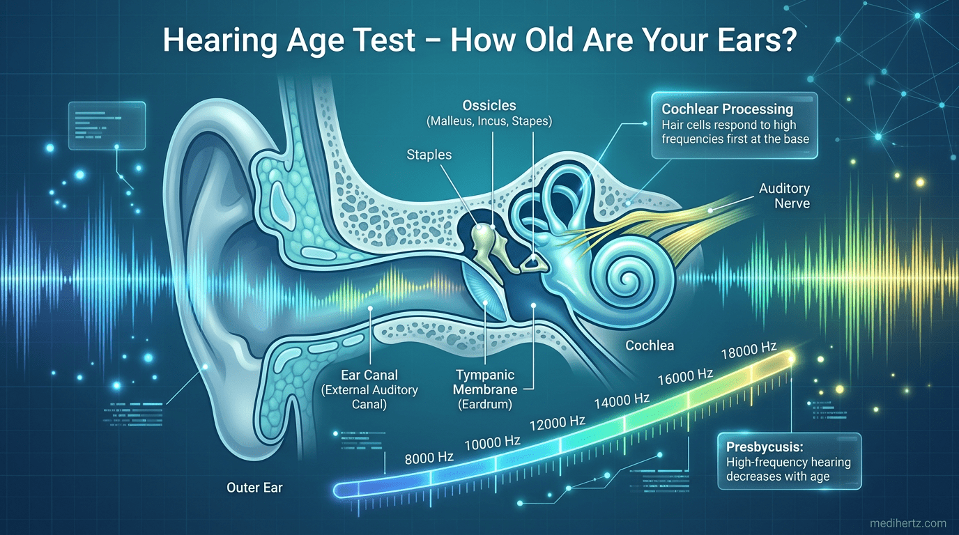 "Hearing Age Test infographic showing human hearing frequency range and ear protection tips – Medihertz"