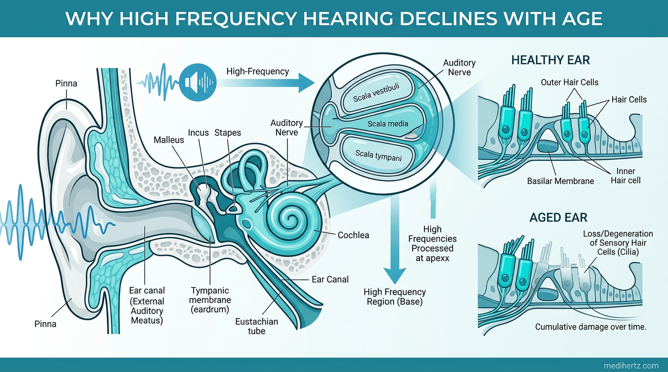 "Hearing Age Test infographic showing human hearing frequency range and ear protection tips – Medihertz"
