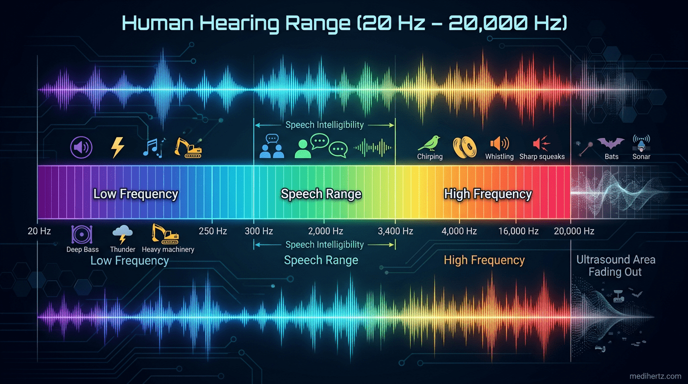 "Hearing Age Test infographic showing human hearing frequency range and ear protection tips – Medihertz"