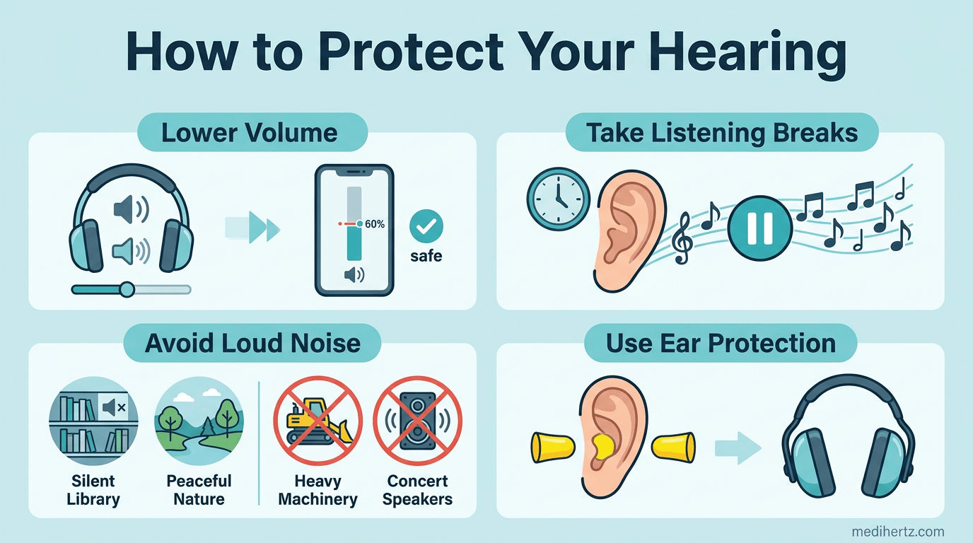 "Hearing Age Test infographic showing human hearing frequency range and ear protection tips – Medihertz"