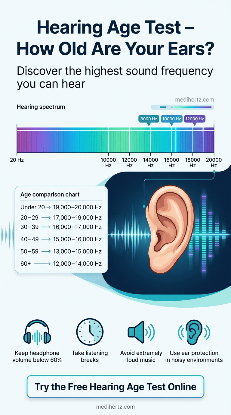 "Hearing Age Test infographic showing human hearing frequency range and ear protection tips – Medihertz"