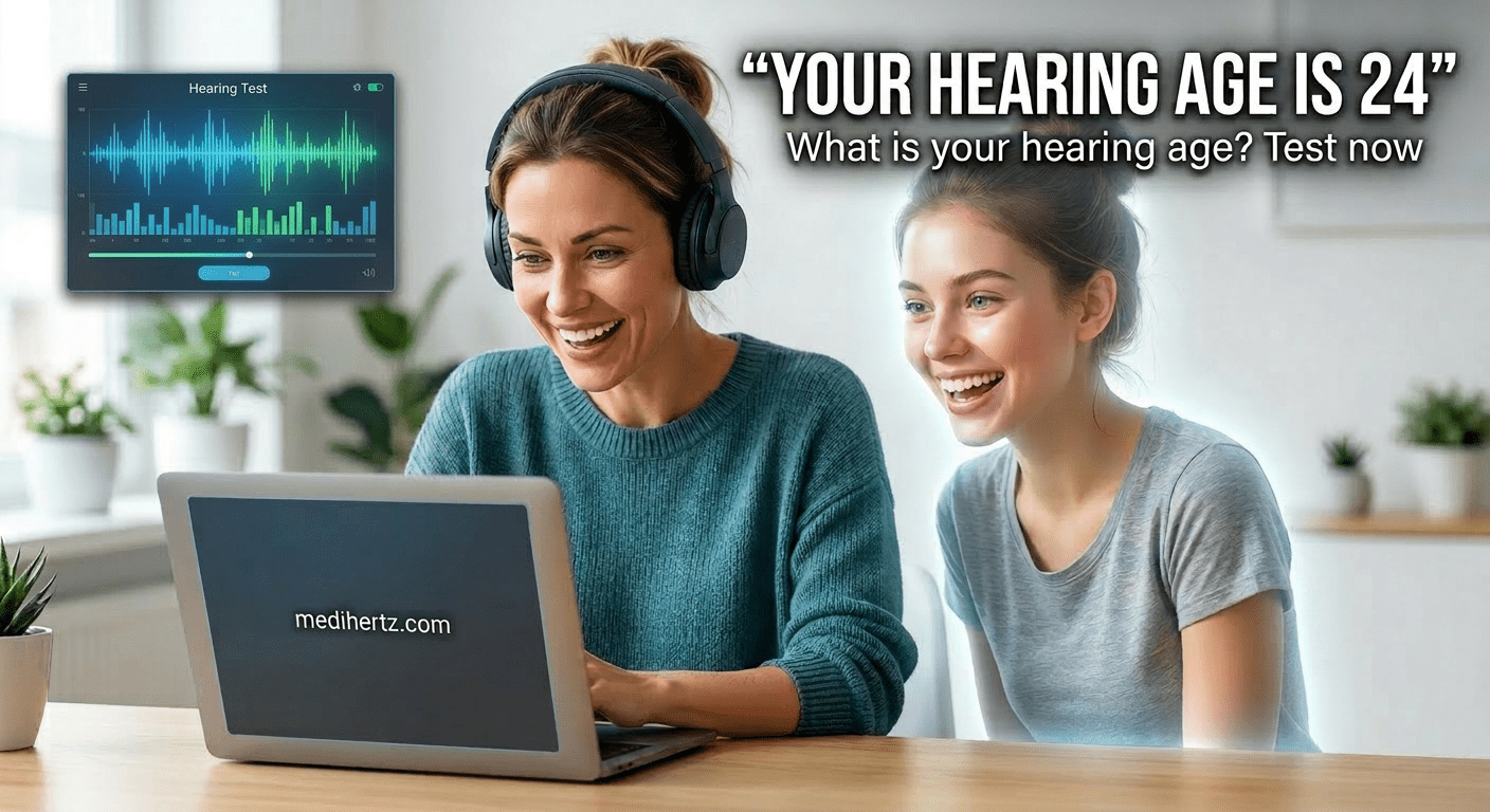 "Hearing Age Test infographic showing human hearing frequency range and ear protection tips – Medihertz"