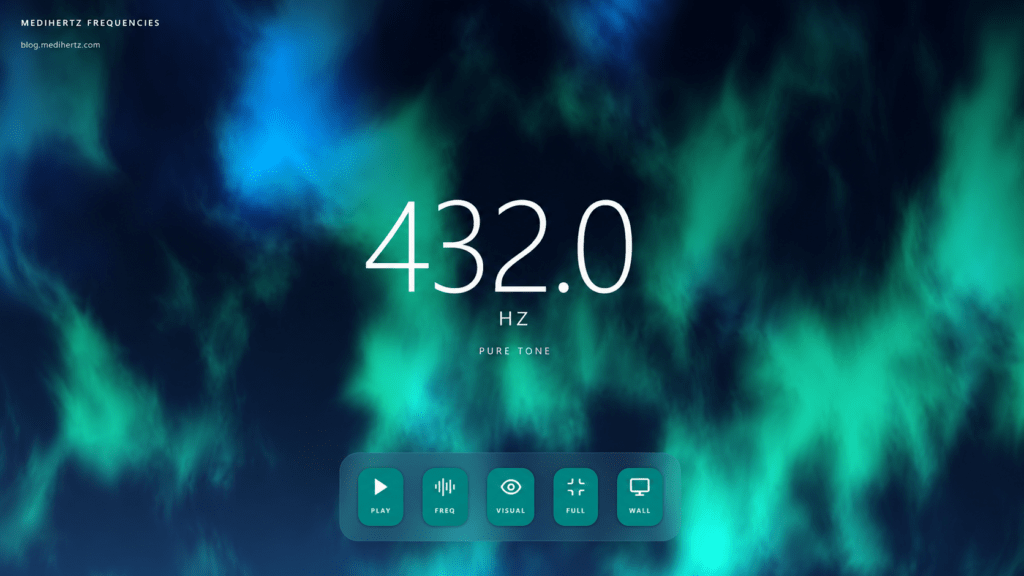 How Does Sound Frequency Heal? 3 A premium 432 Hz sound frequency healing desktop wallpaper displayed on a modern office workstation, featuring glowing cymatic vibration patterns, a calming blue-green aurora background, and a creative workspace designed to inspire focus, mindfulness, relaxation, and productivity.