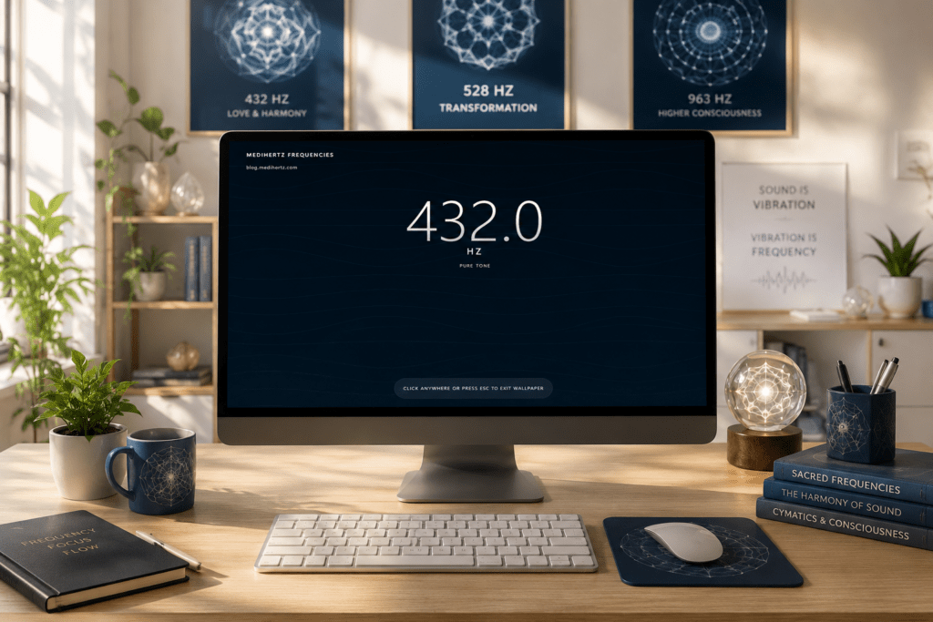 How Does Sound Frequency Heal? 7 A premium 432 Hz sound frequency healing desktop wallpaper displayed on a modern office workstation, featuring glowing cymatic vibration patterns, a calming blue-green aurora background, and a creative workspace designed to inspire focus, mindfulness, relaxation, and productivity.