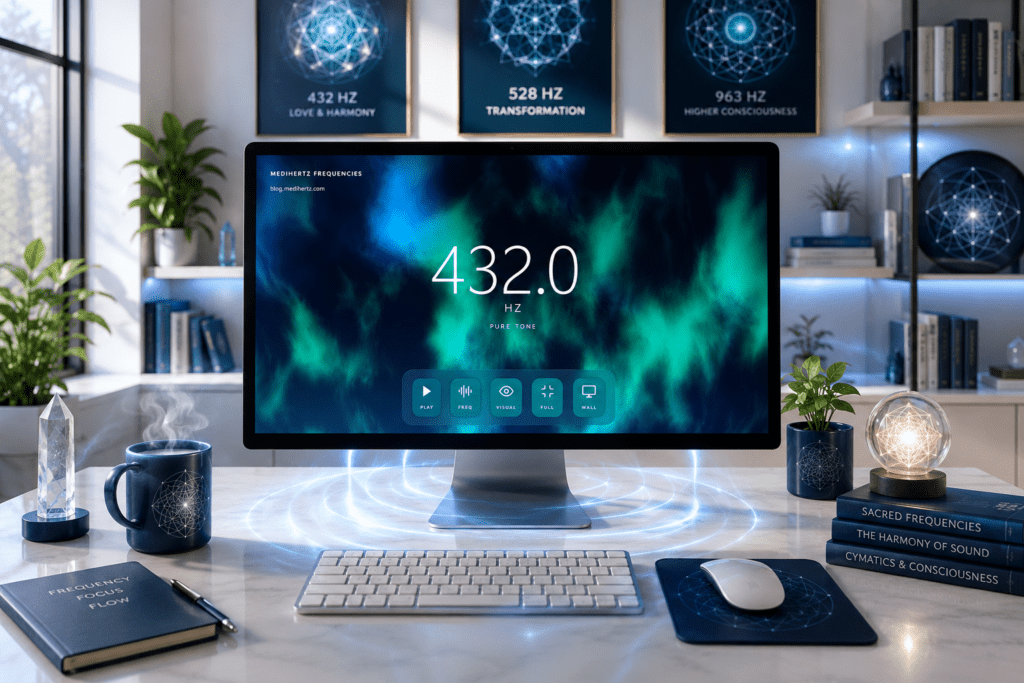 How Does Sound Frequency Heal? 4 A premium 432 Hz sound frequency healing desktop wallpaper displayed on a modern office workstation, featuring glowing cymatic vibration patterns, a calming blue-green aurora background, and a creative workspace designed to inspire focus, mindfulness, relaxation, and productivity.
