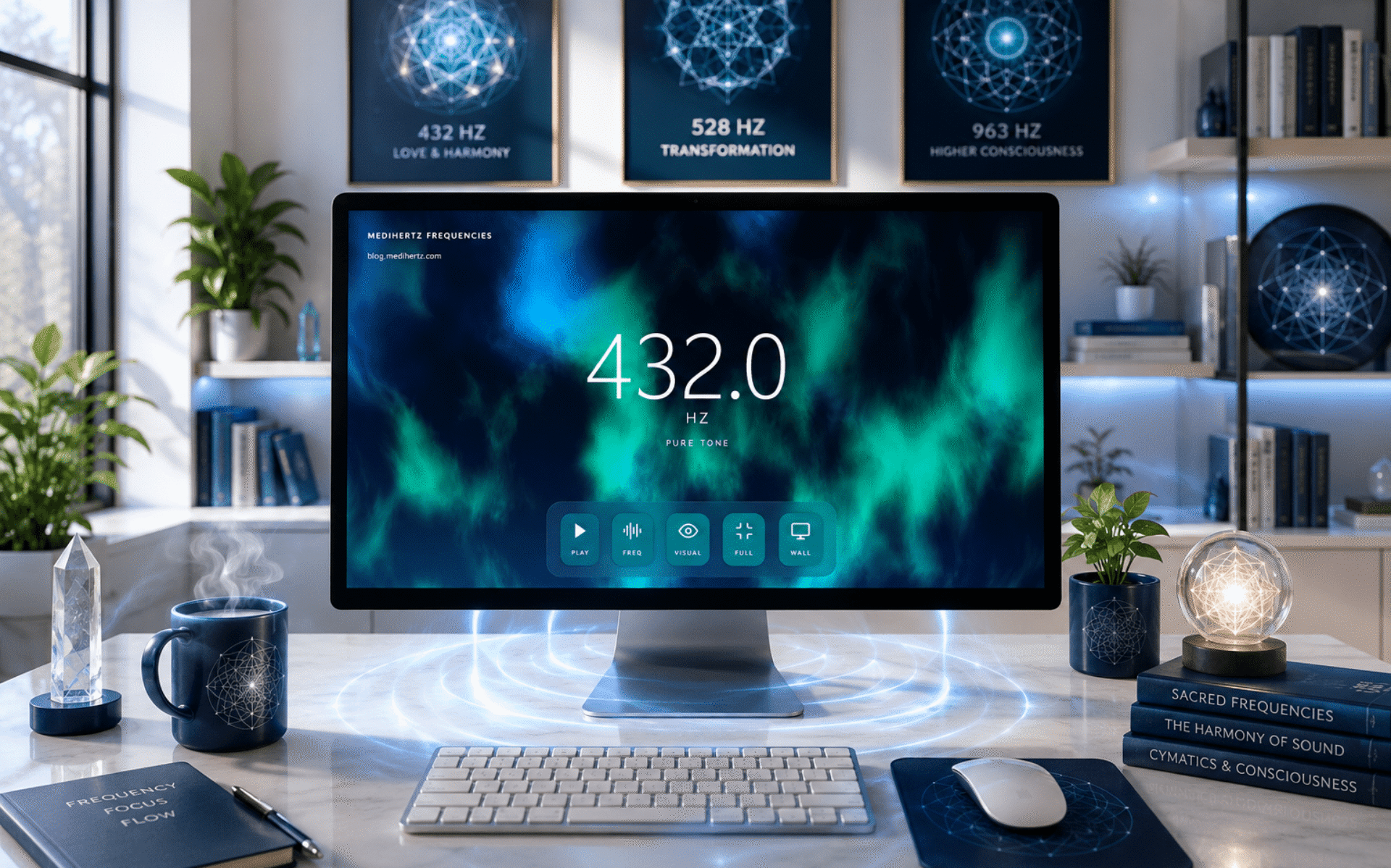 A premium 432 Hz sound frequency healing desktop wallpaper displayed on a modern office workstation, featuring glowing cymatic vibration patterns, a calming blue-green aurora background, and a creative workspace designed to inspire focus, mindfulness, relaxation, and productivity.