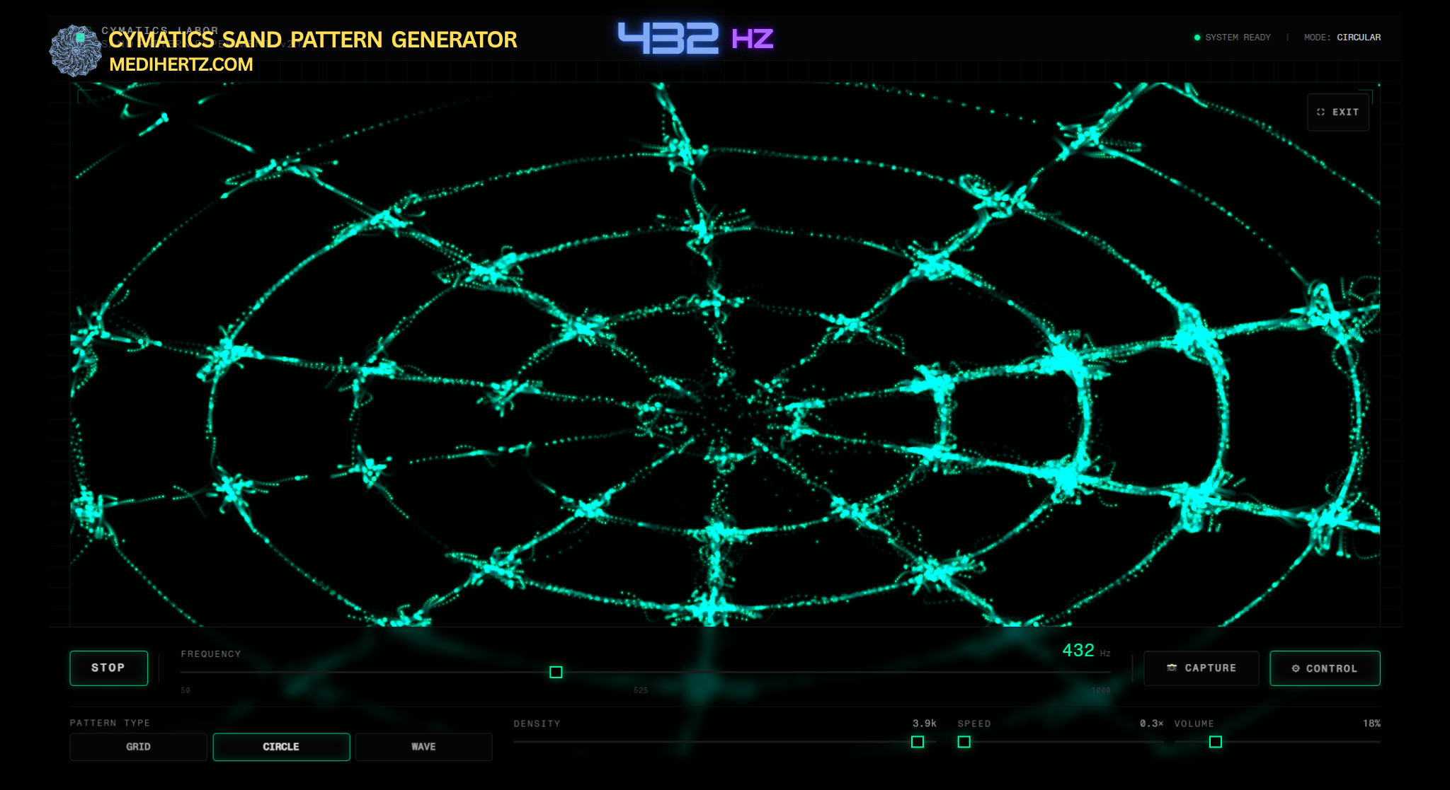 cymatics sand experiment patterns created by sound frequencies, cymatic pattern generator online, sound vibration experiment, cymatics visualization with sand