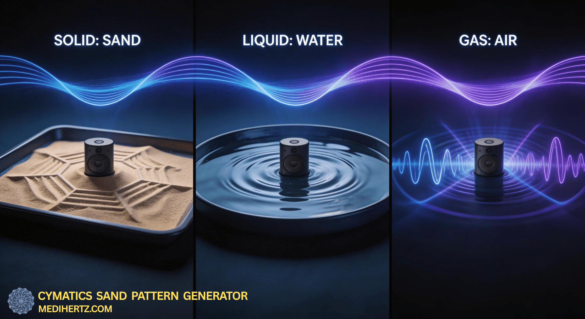 cymatics water and sand patterns created by sound frequencies, cymatic pattern simulator, sound frequency visualization experiment, cymatics explained