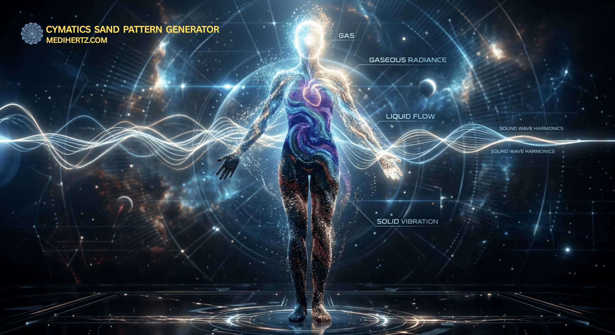 cymatics patterns generator displaying frequency-based sand patterns, sound wave experiment, cymatic frequencies visualization, cymatics science experiment