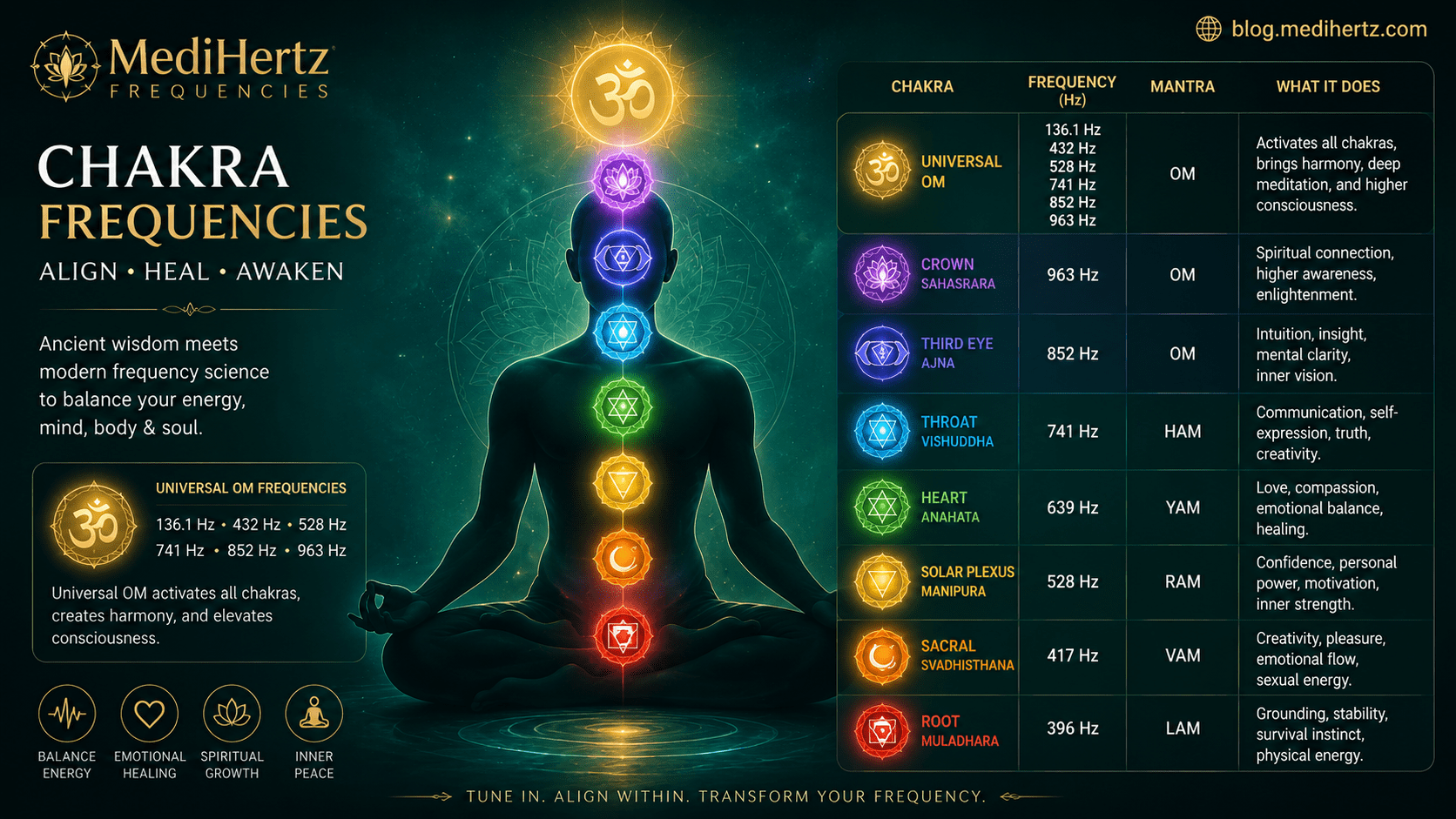 Complete 7 chakra frequency chart showing Root Chakra (396 Hz), Sacral Chakra (417 Hz), Solar Plexus Chakra (528 Hz), Heart Chakra (639 Hz), Throat Chakra (741 Hz), Third Eye Chakra (852 Hz), and Crown Chakra (963 Hz), including chakra colors, mantras, spiritual meanings, healing benefits, and meditation guidance by Medihertz Frequencies.