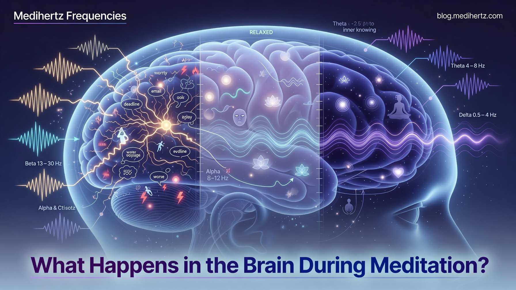 How Does Meditation Reduce Stress: What Most People Wish They Knew Earlier 2 Meditation for stress relief showing mindfulness practice, chakra meditation, brainwave states, sound frequencies, OM chanting, relaxation techniques, anxiety reduction, focus improvement, spiritual meditation, and healing frequency tools by Medihertz Frequencies.