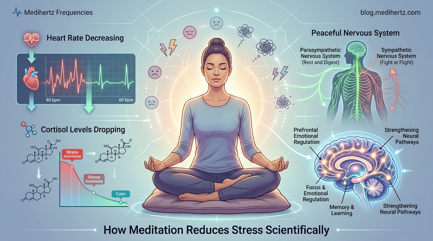 How Does Meditation Reduce Stress: What Most People Wish They Knew Earlier 3 Meditation for stress relief showing mindfulness practice, chakra meditation, brainwave states, sound frequencies, OM chanting, relaxation techniques, anxiety reduction, focus improvement, spiritual meditation, and healing frequency tools by Medihertz Frequencies.