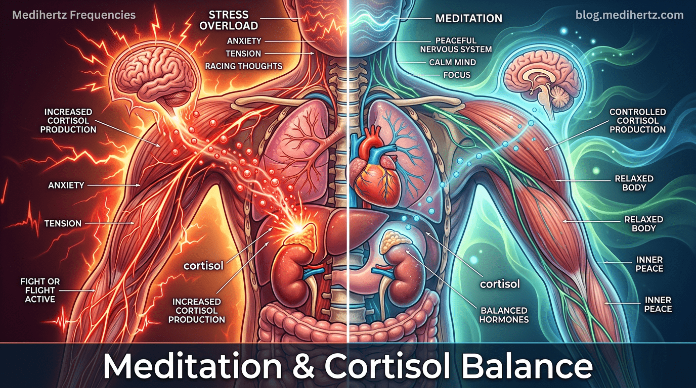 How Does Meditation Reduce Stress: What Most People Wish They Knew Earlier 5 Meditation for stress relief showing mindfulness practice, chakra meditation, brainwave states, sound frequencies, OM chanting, relaxation techniques, anxiety reduction, focus improvement, spiritual meditation, and healing frequency tools by Medihertz Frequencies.