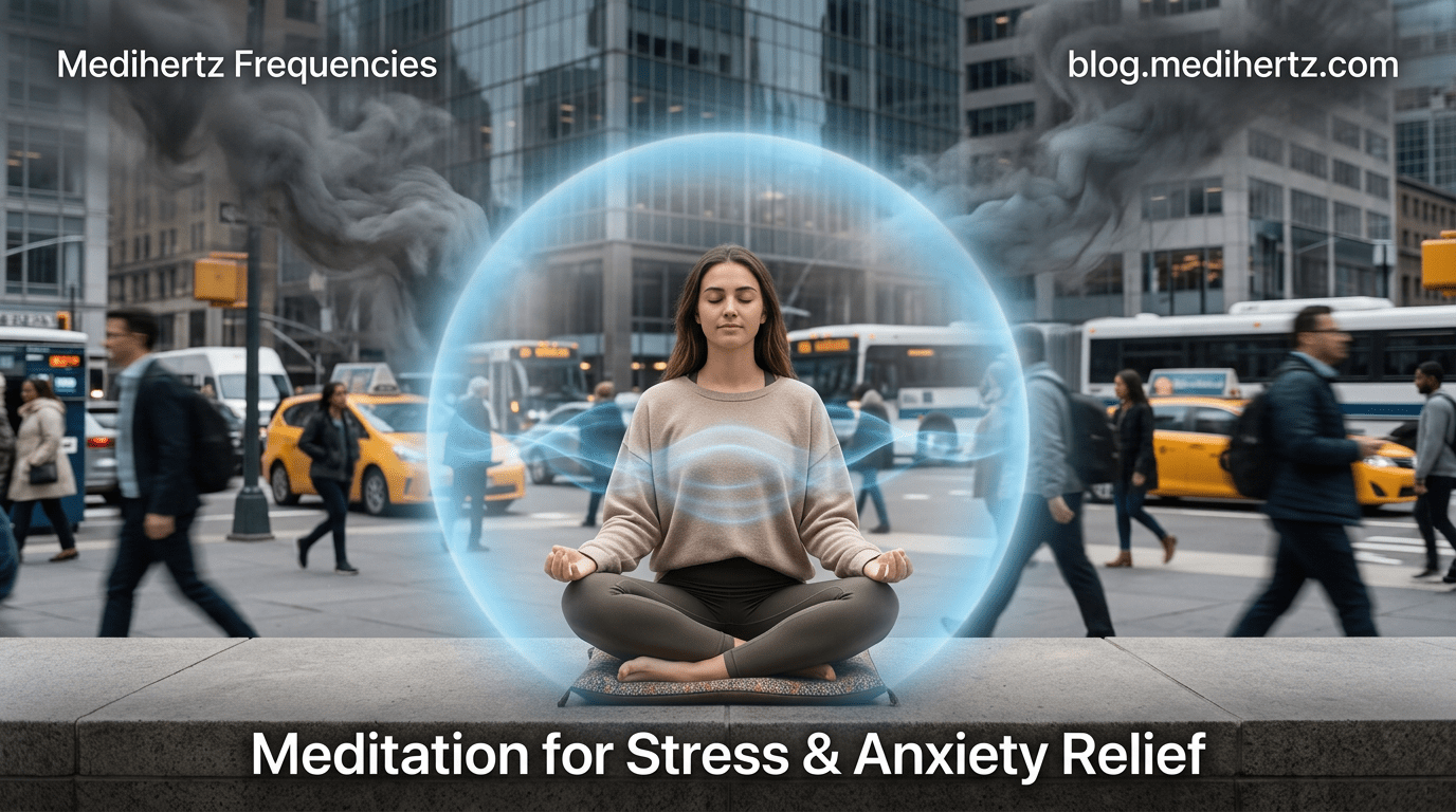 How Does Meditation Reduce Stress: What Most People Wish They Knew Earlier 7 Meditation for stress relief showing mindfulness practice, chakra meditation, brainwave states, sound frequencies, OM chanting, relaxation techniques, anxiety reduction, focus improvement, spiritual meditation, and healing frequency tools by Medihertz Frequencies.