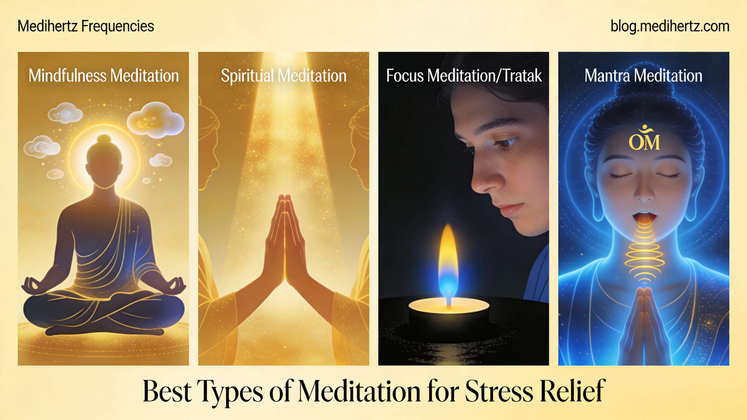 How Does Meditation Reduce Stress: What Most People Wish They Knew Earlier 9 Meditation for stress relief showing mindfulness practice, chakra meditation, brainwave states, sound frequencies, OM chanting, relaxation techniques, anxiety reduction, focus improvement, spiritual meditation, and healing frequency tools by Medihertz Frequencies.