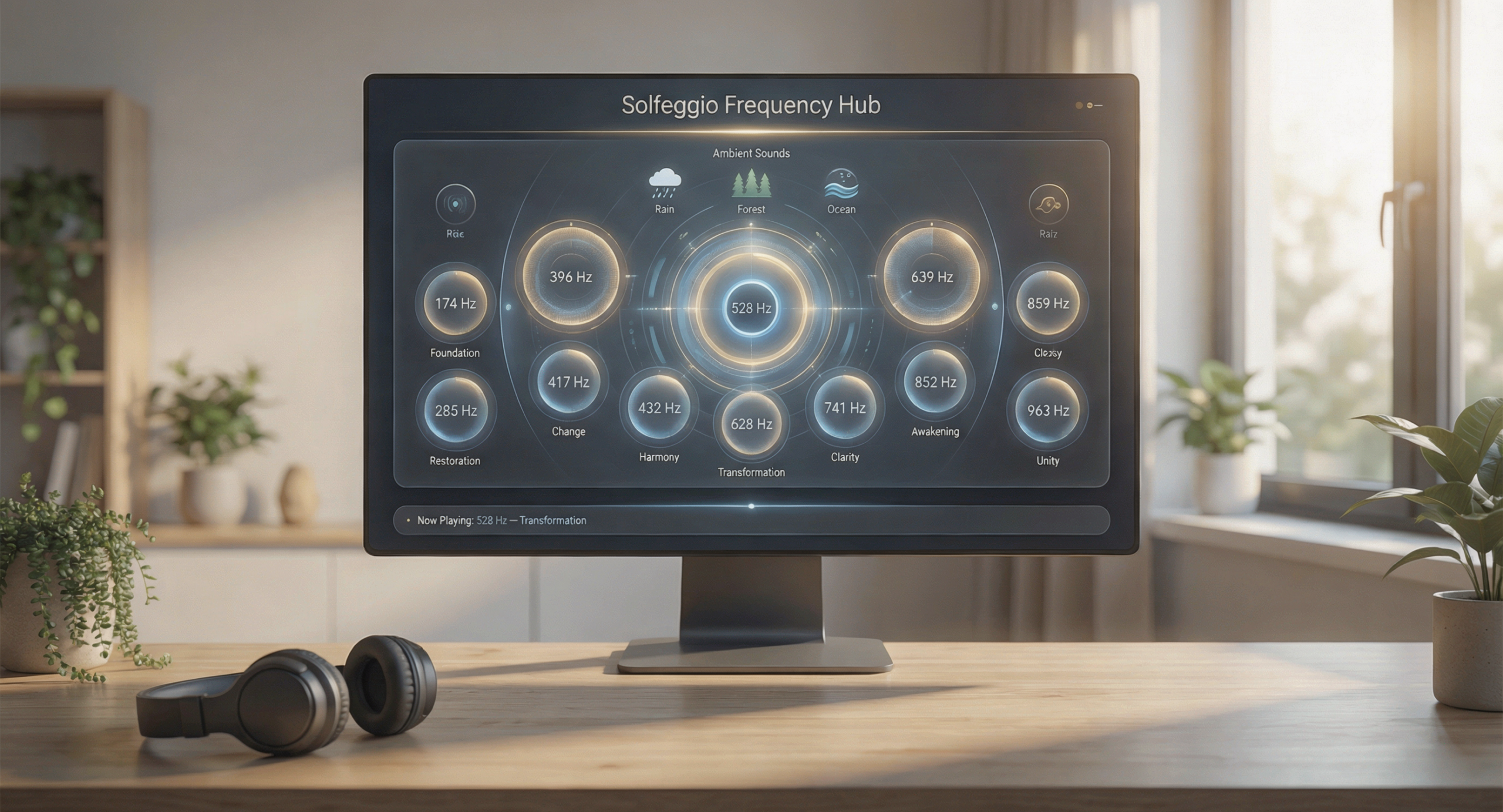 Solfeggio Frequency Hub 7 olfeggio Frequency Hub live wallpaper displayed on a premium desktop workstation in a bright meditation-inspired office. Interactive frequency generator featuring 528 Hz healing frequency, meditation sounds, sleep music, focus enhancement, relaxation tones, sound therapy, wellness frequencies, cymatic patterns, and immersive 4K live wallpapers for PC.