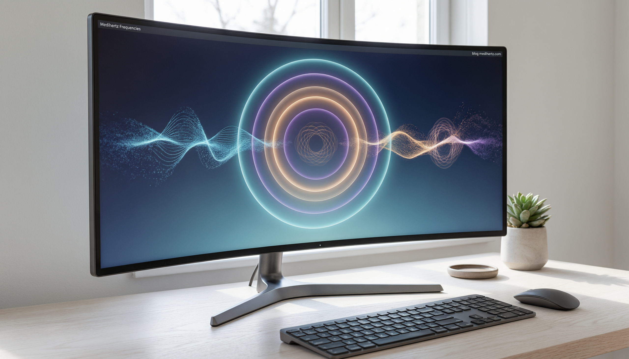 Solfeggio Frequency Hub 12 olfeggio Frequency Hub live wallpaper displayed on a premium desktop workstation in a bright meditation-inspired office. Interactive frequency generator featuring 528 Hz healing frequency, meditation sounds, sleep music, focus enhancement, relaxation tones, sound therapy, wellness frequencies, cymatic patterns, and immersive 4K live wallpapers for PC.