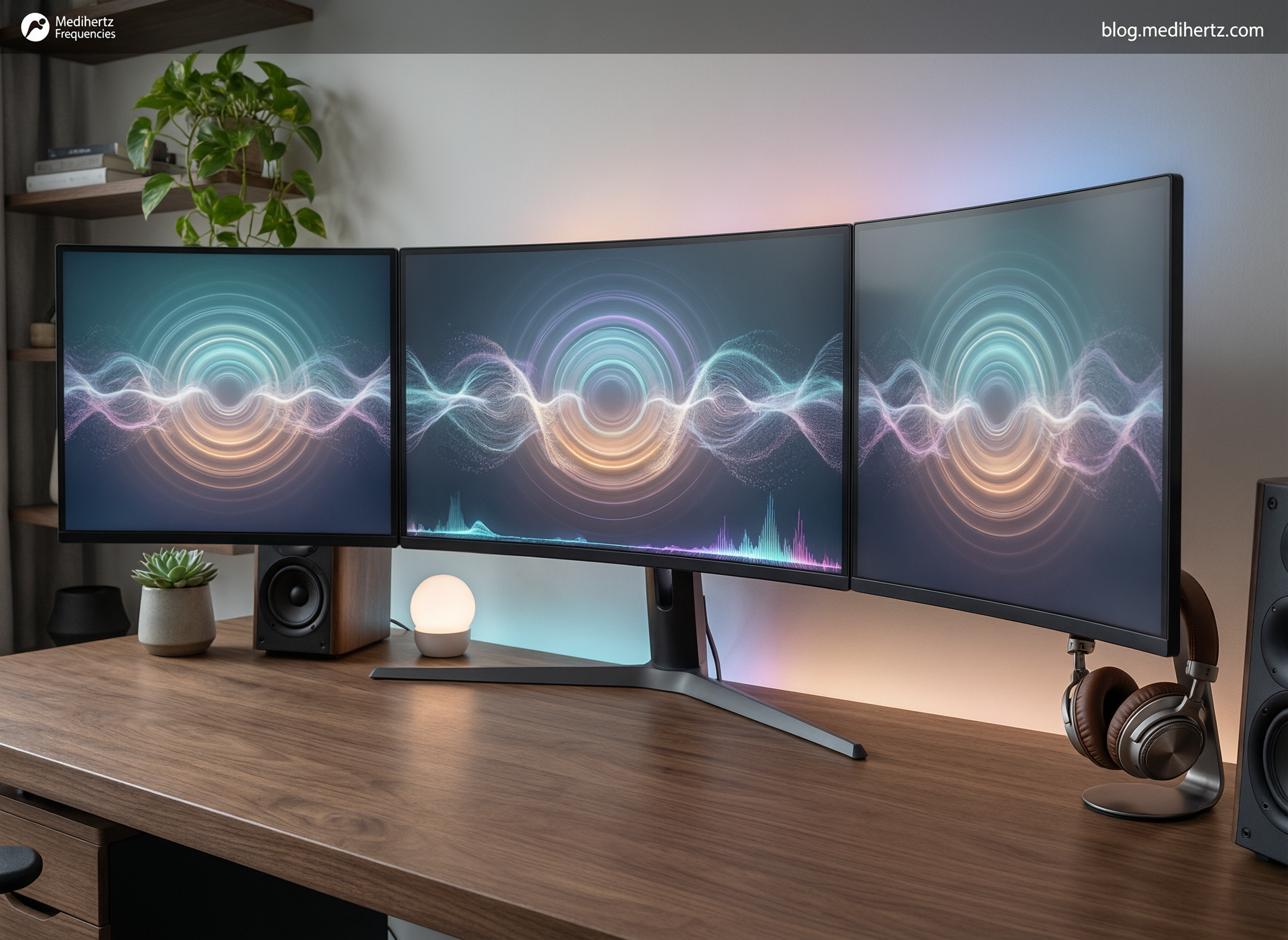 Solfeggio Frequency Hub 11 olfeggio Frequency Hub live wallpaper displayed on a premium desktop workstation in a bright meditation-inspired office. Interactive frequency generator featuring 528 Hz healing frequency, meditation sounds, sleep music, focus enhancement, relaxation tones, sound therapy, wellness frequencies, cymatic patterns, and immersive 4K live wallpapers for PC.