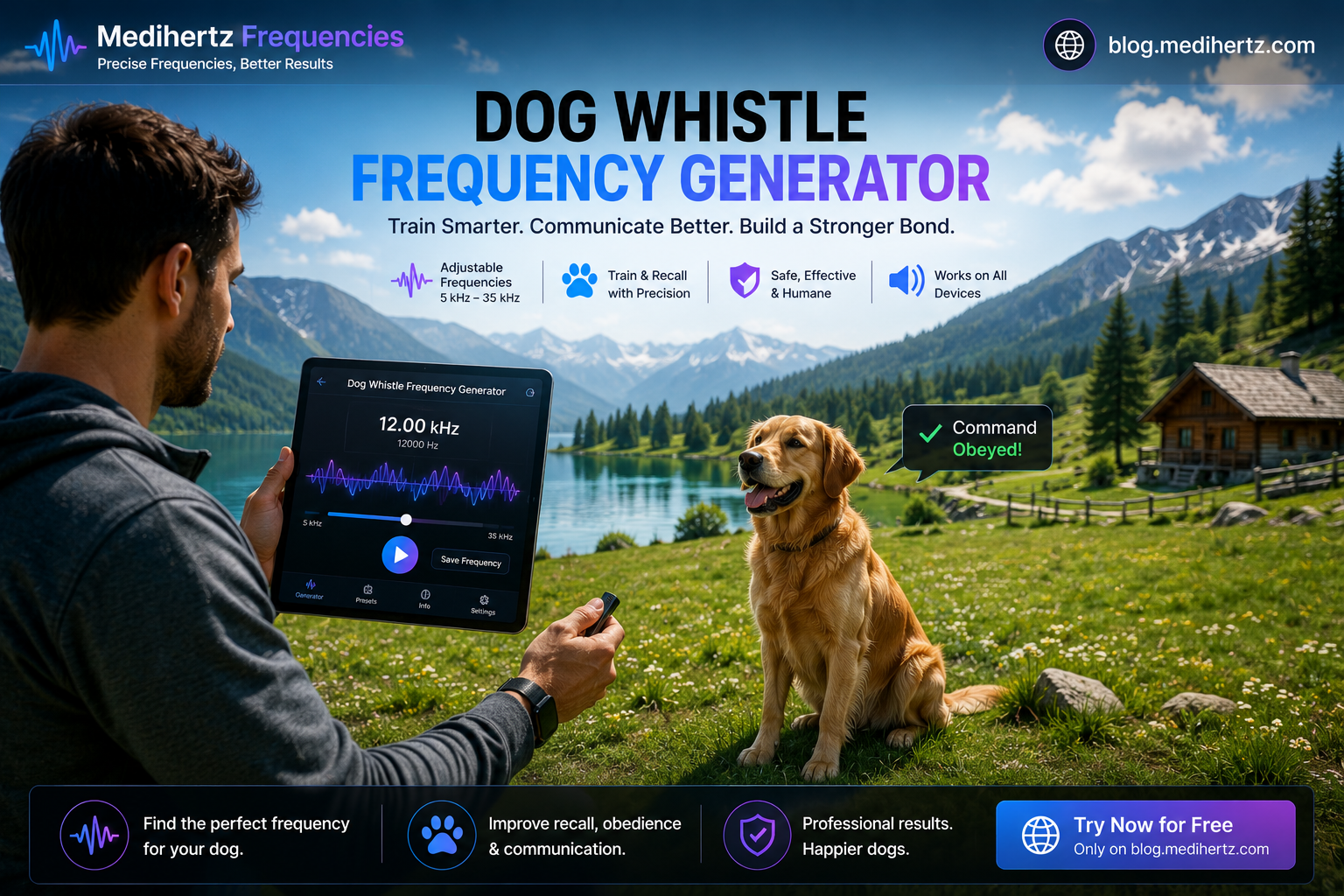 Dog Whistle Frequency Generator tool with adjustable 5 kHz to 35 kHz frequencies, German Shepherd dog, dog training whistle, stop barking frequency finder, dog hearing test, and online dog training assistant by Medihertz Frequencies.