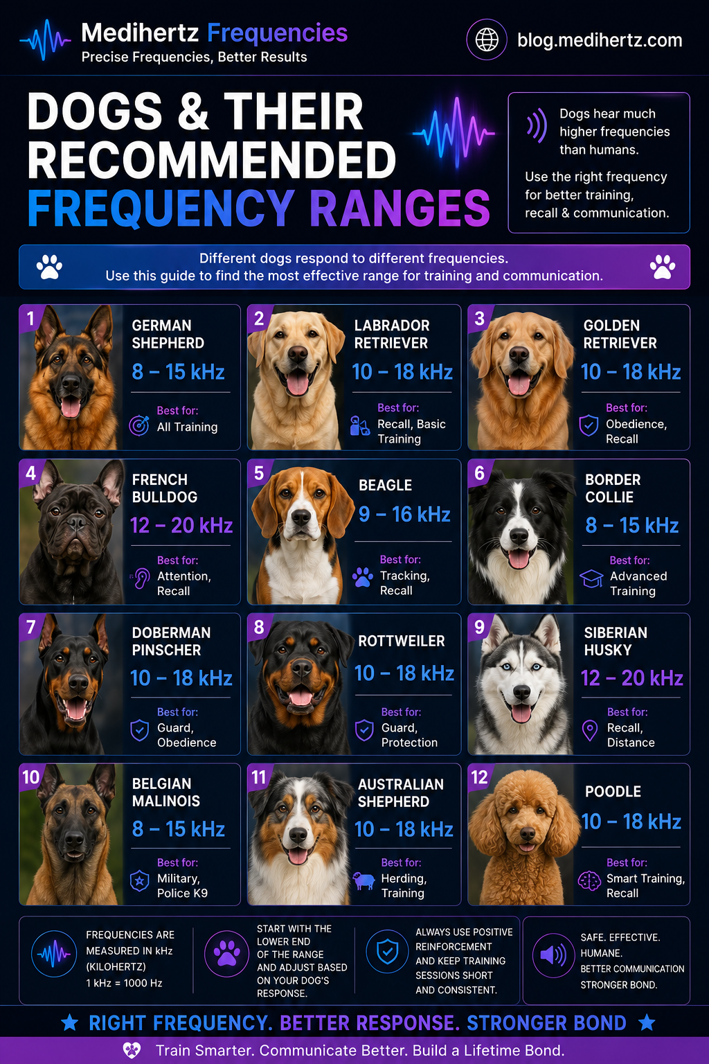 Dog Whistle Frequency Generator tool with adjustable 5 kHz to 35 kHz frequencies, German Shepherd dog, dog training whistle, stop barking frequency finder, dog hearing test, and online dog training assistant by Medihertz Frequencies.